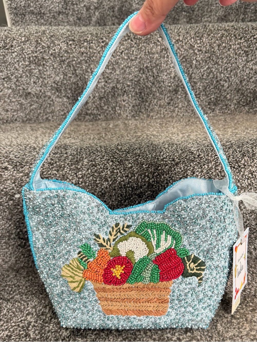 Beaded Light Blue Basket Motif Handbag